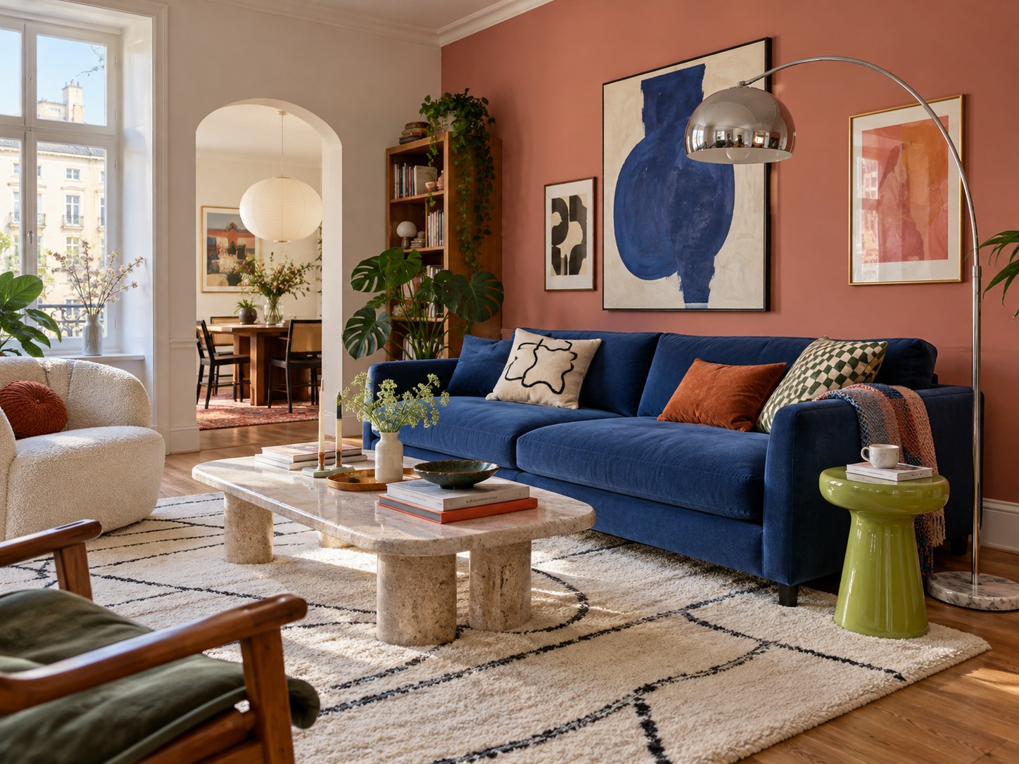 Colorful living room with cobalt sofa and terracotta walls